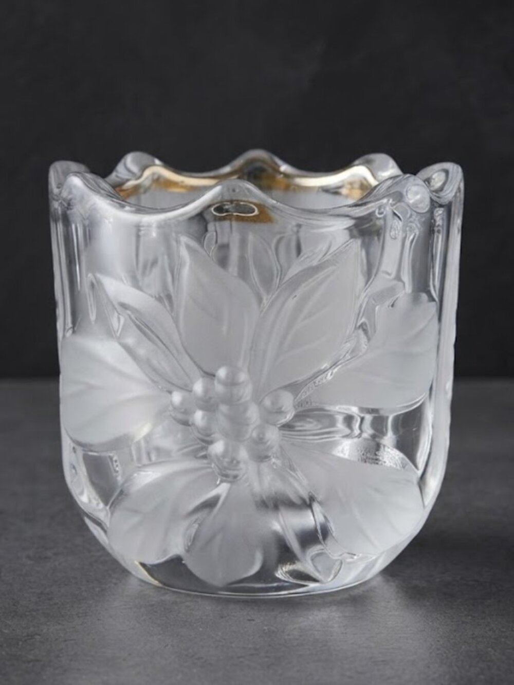 Vintage Mikasa Poinsettia Crystal Glass Votive Candle Holder Holiday Decor 3.25"